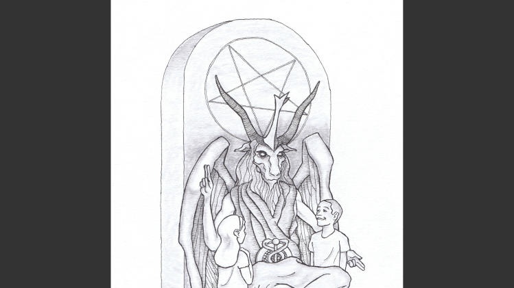 This artist&#39;s rendering provided by the Satanic Temple shows a proposed monument that the New York-based Satanic group wants to place at the Oklahoma state Capitol. The statue features a bearded, goat-headed demon sitting in a pentagram-adorned throne with children next to it. (AP Photo/Satanic Temple)
