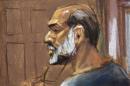 An artist sketch shows Suleiman Abu Ghaith, a militant who appeared in videos as a spokesman for al Qaeda after the September 11, 2001 attacks, appearing at the U.S. District Court in Manhattan