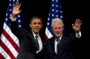 FILE - In this June 4, 2012 file photo, President Barack Obama and former President Bill Clinton wave to the crowd during a campaign event at the New Amsterdam Theater in New York. Clinton will have a marquee role in this summer's Democratic National Convention, where he will make a forceful case for Obama's re-election and his economic vision for the country, several Obama campaign and Democratic party officials said Sunday, July 29, 2012. (AP Photo/Carolyn Kaster, File)