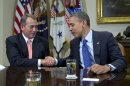 President Barack Obama shakes hands with House Speaker John Boehner of Ohio in the Roosevelt Room of the White House in Washington, Friday, Nov. 16, 2012, during a meeting to discuss the deficit and economy. (AP Photo/Carolyn Kaster)