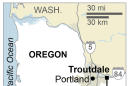 Map locates a shooting at a Reynolds High School in Troutdale, Oregon.; 1c x 1 1/2 inches; 46.5 mm x 38 mm;