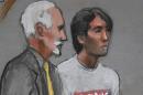 FILE - In this May 30, 2014, file courtroom sketch, Khairullozhon Matanov, right, stands with attorney Paul Glickman in federal court in Boston, facing obstruction of justice charges in the investigation of the Boston Marathon bombings. Matanov who had dinner with the Boston Marathon bombers hours after the 2013 attack was sentenced Thursday, June 18, 2015, to 2½ years in prison for misleading investigators by failing to disclose his contact with the brothers in the days after the bombings and deleting files from his computer. (AP Photo/Jane Flavell Collins, File)