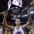 Golden State Warriors' Stephen Curry celebrates after a 92-88 win over the Denver Nuggets during Game 6 in a first-round NBA basketball playoff series in Oakland, Calif., Thursday, May 2, 2013. (AP Photo/Marcio Jose Sanchez)