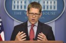 White House press secretary Jay Carney gestures during the daily press briefing at the White House on Thursday, Sept. 19, 2013 in Washington. Carney reiterated that the White House will not negotiate with Congress over the debt ceiling. (AP Photo/ Evan Vucci)