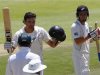 New Zealand's Brownlie celebrates his century during the third day of their first cricket Test match against South Africa in Cape Town