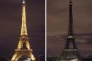 COMBINATION PHOTO - In this two photo combination picture, the Eiffel Tower with its usual lighting at left, and after the lighting was switched off at right, at the occasion of the Earth Hour, in Paris, France, Saturday March 28, 2015. This Saturday, 28 March 8:30 p.m. local time, individuals, businesses, cities and landmarks around the world are switching off their lights for one hour to focus attention on climate change. (AP Photo/Remy de la Mauviniere)