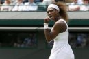 Serena Williams of the U.S. reacts to breaking serve in the second set during her women's singles tennis match against Caroline Garcia of France at the Wimbledon Tennis Championships, in London