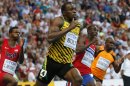 Jamaica's Usain Bolt, second from left, competes in the men's 200-meter final at the World Athletics Championships in the Luzhniki stadium in Moscow, Russia, Saturday, Aug. 17, 2013. (AP Photo/Misha Japaridze)