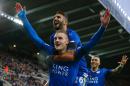 Leicester City's Jamie Vardy (front) celebrates with teammates after scoring a goal during an English Premier League match at Newcastle