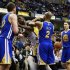 Indiana's Roy Hibbert shoves Golden State's David Lee during an NBA basketball game in Indianapolis