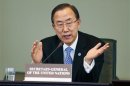 U.N. Secretary-General Ban speaks at a news conference at the Organisation for the Prohibition of Chemical Weapons in the Hague