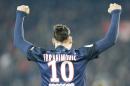 PSG's Zlatan Ibrahimovic gestures during their French League One soccer match against Saint Etienne, in Parc des princes stadium, in Paris, France, Sunday Oct. 25 2015. (AP Photo/Jacques Brinon)