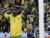 South Africa's Mphela reacts after a missed opportunity during 2010 World Cup soccer match against France in Bloemfontein