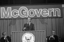 FILE - In this July 14, 1972 file photo, Sen. George S. McGovern makes his acceptance speech at the Democratic National Convention in Miami Beach. At left is his running mate, Sen. Thomas F. Eagleton of Missouri, and at right, convention chairman Lawrence F. O'Brien. A family spokesman says, McGovern, the Democrat who lost to President Richard Nixon in 1972 in a historic landslide, has died at the age of 90. According to the spokesman, McGovern died Sunday, Oct. 21, 2012 at a hospice in Sioux Falls, surrounded by family and friends. (AP Photo)