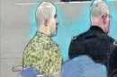 ATTENTION EDITORS - THIS IMAGE HAS BEEN BINNED U.S. Army Major Hasan appears before Fort Hood Chief Circuit Judge Colonel Gregory Gross with a military lawyer during an arraignment as seen in this courtroom sketch