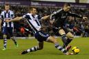 West Brom's Gareth McAuley, left, competes for the ball with Chelsea's Fernando Torres during the English Premier League soccer match between West Bromwich Albion and Chelsea at The Hawthorns Stadium in West Bromwich, England, Tuesday, Feb. 11, 2014. (AP Photo/Rui Vieira)