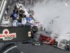 Kyle Larson's car (32) gets airborne during a multi-car wreck on the final lap of the NASCAR Nationwide Series auto race Saturday, Feb. 23, 2013, at Daytona International Speedway in Daytona Beach, Fla. (AP Photo/David Graham)