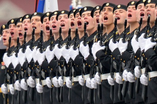 Russian naval infantry soldiers (marines)  shout 