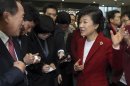 Park Geun-hye, presidential candidate of Saenuri Party, visits the Korea Exchange during her campaign in Seoul