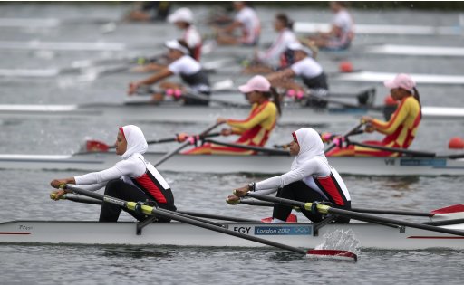 Egypt's Sara Mohamed Baraka and Fatma Rashed row in the women's lightweight double sculls repechage at Eton Dorney during the London 2012 Olympic Games