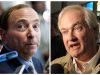 This photo combo shows NHL Commissioner Gary Bettman, left, talking to the media in Toronto, on Thursday, Aug. 23, 2012, and at right is Donald Fehr, executive director of the NHL Players' Association, speaking to the media, Friday, Nov. 9, 2012, in New York. The NHL and the players' association said they reached a tentative agreement early Sunday, Jan. 6, 2013, in New York, to end a nearly four-month-old lockout that threatened to wipe out the season. (AP Photo)