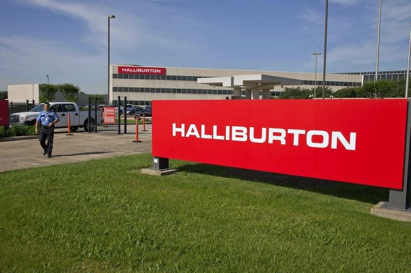 The company logo of Halliburton oilfield services corporate offices is seen in Houston