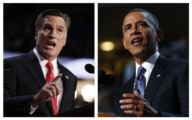 A combination file photos show Republican presidential nominee Mitt Romney (L) and U.S. President Barack Obama speaking at the Republican National Convention in Tampa, Florida on August 30, 2012 and at the Democratic National Convention in Charlotte, North Carolina, September 6, 2012 respectively.  REUTERS/Shannon Stapleton , Jim Young/Files  (UNITED STATES - Tags: POLITICS ELECTIONS USA PRESIDENTIAL ELECTION HEADSHOT)