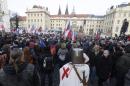 People attend a demonstration as part of Europe-wide protests in cooperation with Germany's anti-Islam, anti-immigrant group PEGIDA, in Prague, Czech Republic, Saturday, Feb. 6, 2016. The Prague Castle is in the background. (AP Photo/Petr David Josek)