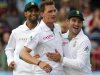 South Africa's Peterson, Steyn and Elgar celebrate the wicket of New Zealand's Guptill during their second test cricket match in Port Elizabeth