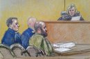 Courtroom sketch of U.S. Army Major Nidal Hasan at his court martial at Fort Hood, Texas
