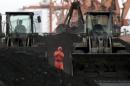 File photo of an employee walking between front-end loaders, which are used to move coal imported from North Korea, at Dandong port