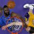 Oklahoma City Thunder's Harden watches his shot against Los Angeles Lakers' Gasol during their NBA Western Conference playoff in Los Angeles