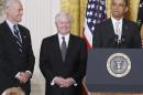 FILE - In this April 28. 2011 file photo, President Barack Obama stands in the East Room of the White House in Washington with, from left: Vice President Joe Biden and outgoing Defense Secretary Robert Gates. The White House is bristling over former Defense Secretary Robert Gates' new memoir accusing President Barack Obama of showing too little enthusiasm for the U.S. war mission in Afghanistan and sharply criticizing Vice President Joe Biden's foreign policy instincts. (AP Photo/Charles Dharapak)