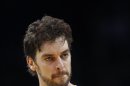 Los Angeles Lakers forward Pau Gasol stands during his NBA basketball game against Golden State Warriors in Oakland