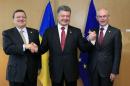 Ukraine's President Poroshenko poses with European Commission President Barroso and European Council President Van Rompuy at EU Council in Brussels