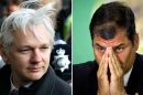 This two picture combo shows from left; a Feb. 1, 2012 file photo of WikiLeaks founder Julian Assange as he arrives at the Supreme Court in London, and a June 20, 2012 photo of Ecuador's President Rafael Correa during a meeting at the United Nations Conference on Sustainable Development, or Rio+20, in Rio de Janeiro, Brazil. Correa's objections to what he deems American interventionism in Latin America and his delight in Assange's massive uncorking of U.S. secrets appear to have persuaded the WikiLeaks chief that Ecuador offers his best shot at avoiding extradition to Sweden. But four days after Assange ducked into Ecuador's London embassy seeking political asylum, this South American nation's leader has yet to announce a decision. The choice may not be easy. (left photo - AP Photo/Kirsty Wigglesworth, File; right photo -AP Photo/Victor Caivano, File)