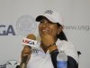 Lizette Salas speaks to the media after her first round of the U.S. Women's Open golf tournament on Thursday, July 5, 2012, in Kohler, Wis. (AP Photo/Jeffrey Phelps)