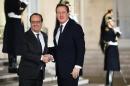 French President Francois Hollande (L) welcomes British Prime Minister David Cameron as he arrives at the presidential Elysee Palace on February 15, 2016 in Paris