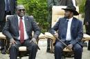 First Vice President of South Sudan and former rebel leader, Riek Machar (L), and President Salva Kiir (R), at the Cabinet Affairs Ministry, in Juba on April 29, 2016