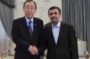 In this photo released by the official website of the Iranian Presidency Office, Iranian President Mahmoud Ahmadinejad, right, shakes hands with U.N. Secretary-General Ban Ki-Moon, at the start of their meeting in Tehran, Iran, Wednesday, Aug. 29, 2012. (AP Photo/Presidency Office, Mohsen Rafinejad)