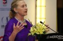 U.S. Secretary of State Clinton speaks during U.S.-ASEAN Business Forum's dinner in Siem Reap province