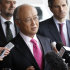 Director General of the International Atomic Energy Agency, IAEA, Yukiya Amano from Japan speaks to the media after returning from Iran at the Vienna International Airport near Schwechat, Austria, on Tuesday, May 22, 2012. Amano says he has reached a deal with Iran on probing suspected work on nuclear weapons and adds that the agreement will "be signed quite soon." (AP Photo/Ronald Zak)