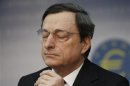 ECB President Draghi reacts during the monthly news conference in Frankfurt