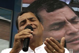 Ecuador's President Rafael Correa sings during his …
