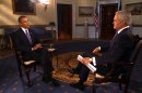 In this image from video provided by CBS News, CBS Evening news anchor Scott Pelley interviews President Barack Obama in the Blue Room of the White House in Washington, Monday, Sept. 9, 2013. Obama is grasping all his tools of persuasion in trying to turn around public opinion and rally congressional support for a strike against Syria. He's got tricky ground to cover in his Oval Office address Tuesday night and acknowledged on the eve of it that Americans don't back his course. (AP Photo/CBS News)