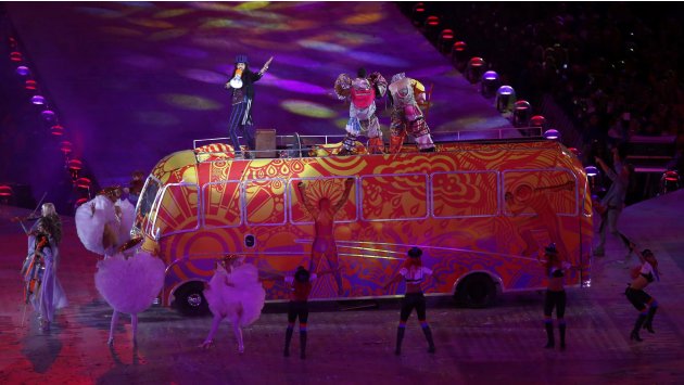 Actor Russell Brando on top of bus performs during closing ceremony of London 2012 Olympic Games at Olympic Stadium