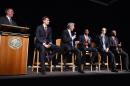 FILE - In this Wednesday, June 8, 2016, file photograph, Republican U.S. Senate hopefuls from left, Jon Keyser, Jack Graham, Darryl Glenn, Robert Blaha and Ryan Frazier debate as moderator Don Ward, far left, smiles at University of Colorado Colorado Springs in Colorado Springs, Colo. The five candidates will face off in Tuesday's primary election for one to earn the right to face incumbent Sen. Michael Bennet in the November general election. (Jerilee Bennett/The Gazette via AP) MAGS OUT; MANDATORY CREDIT
