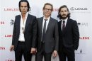 Writer and composer Nick Cave, and cast members Guy Pearce and Shia LaBeouf pose at the premiere of the film "Lawless" in Los Angeles