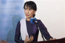 Suu Kyi, chairperson of Myanmar's National League for Democracy, speaks at joint media conference at the United Nations in New York