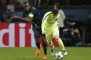 Barcelona's Lionel Messi, right, controls the ball in front of PSG's Blaise Matuidi during the quarterfinal first leg Champions League soccer match between Paris Saint Germain and Barcelona at the Parc des Princes stadium in Paris, France, Wednesday, April 15, 2015. (AP Photo/Christophe Ena)